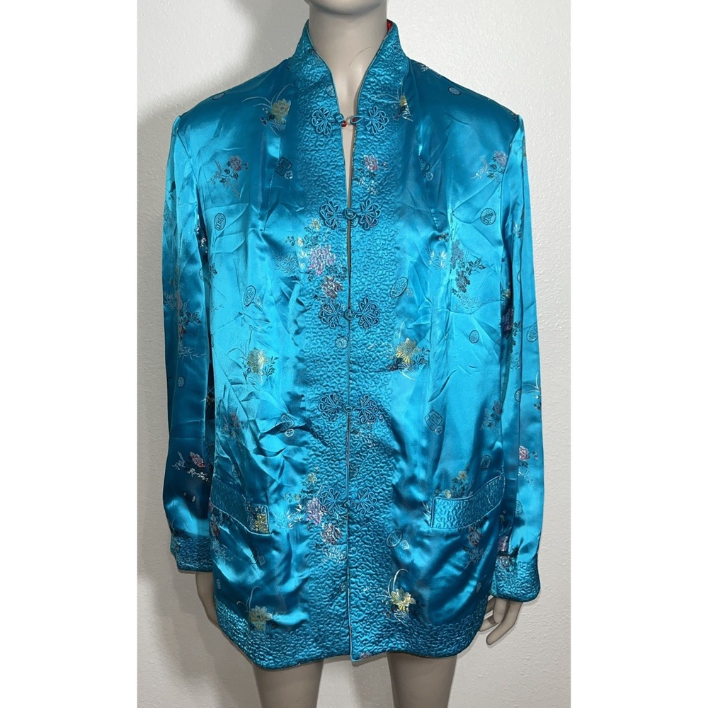 Vtg Chinese Mandarin Collar Reversible Tang Jacket Teal Blue/Red Floral Sz XL